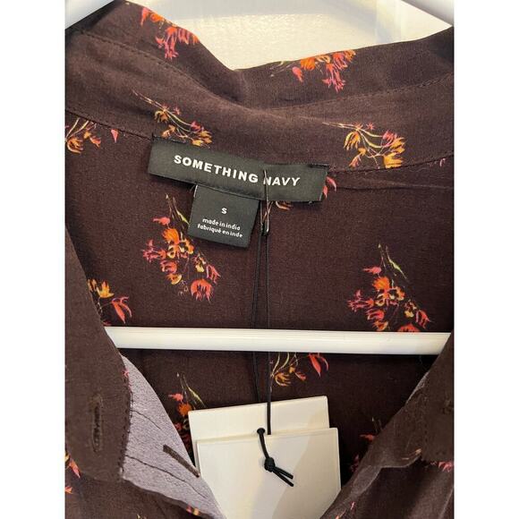 NWT Something Navy Brown Floral Orange Button Up Blouse Women's S Pocket Utility - Picture 6 of 10
